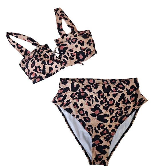 Womens High-Waisted Cheetah Print Bikini Set V-Neck Top & Stretchy Fit Size L - Picture 3 of 9